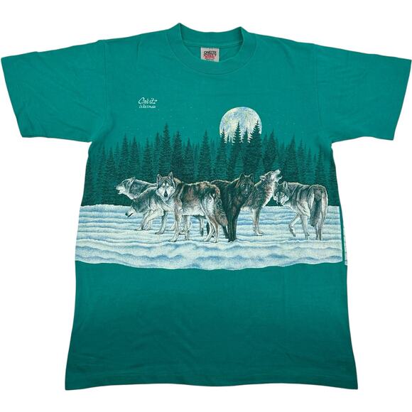 VTG 90s Men's Turquoise Oneita Wolf Pack Snow Single Stitch Graphic T Shirt~ L - Picture 1 of 8